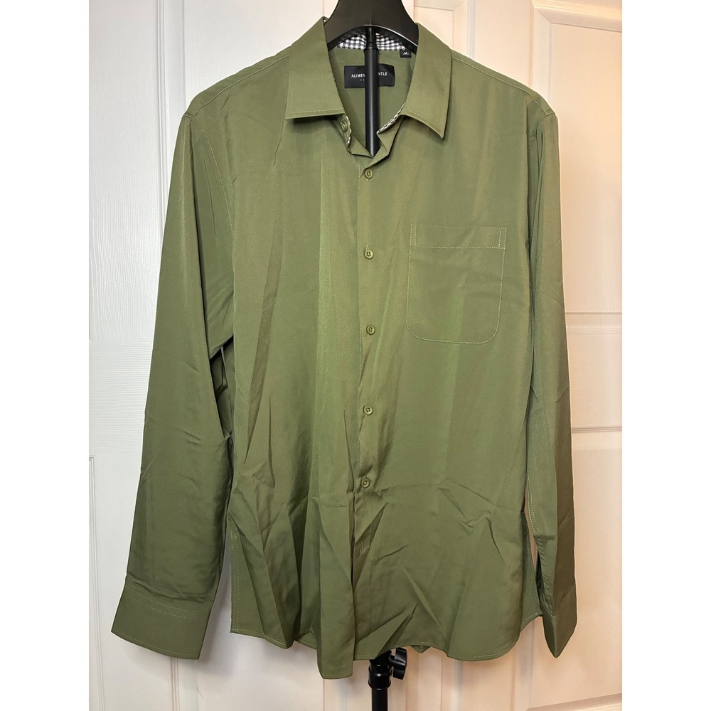 Alimens & Gentle Mens Classic Button Down Shirt Olive Green Long Sleeve Size M